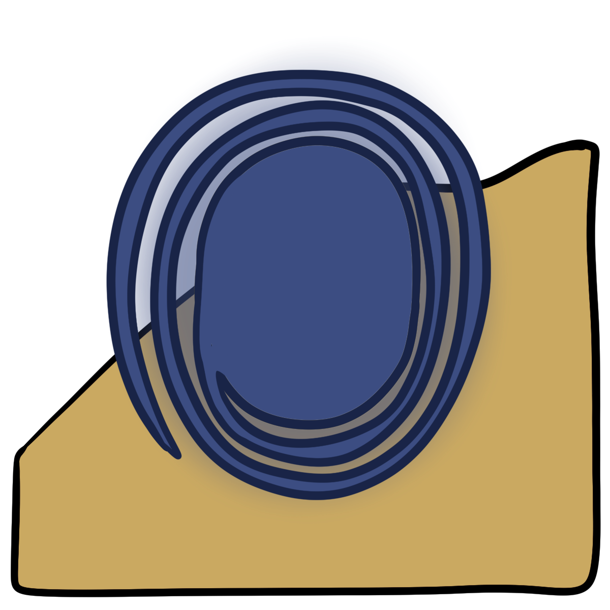 A glowing bluish purple oval that has a spiral coming out of it. Curved yellow skin fills the bottom half of the background.